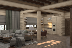 Кухня гостиная в доме из сруба