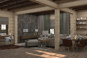 Кухня гостиная в доме из сруба