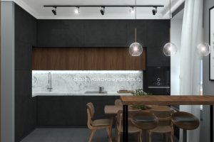 Кухня-гостиная черная с изумрудным