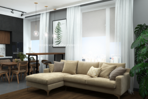 Кухня-гостиная черная с изумрудным