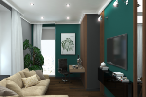 Кухня-гостиная черная с изумрудным