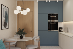 Кухня с синим фасадом и рельефным фартуком