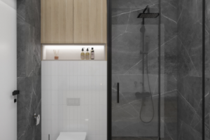 Сан. узел с плиткой под дерево и керамогранитом