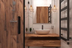 Сан. узел с плиткой под дерево и керамогранитом