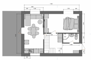 Планировка первого этажа (40 кв.) двухэтажного загородного дома.