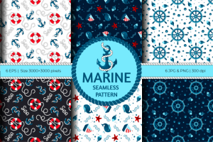 Бесшовные паттерны на морскую тематику в стиле cartoon.