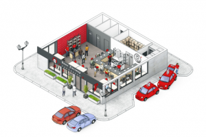 Ресторан, помещение в разрезе 3d иллюстрация в изометрии