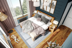 Дизайн и 3D визуализация спальной комнаты в загородном доме.