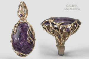 Ювелирные изделия. Кольцо и подвеска с чароитом