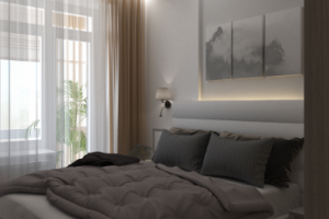 дизайн спальни в оттенках серого в жк Видный город