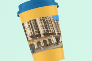 Для кофе стаканчика, отрисовано здание по фото + люди+вывеска