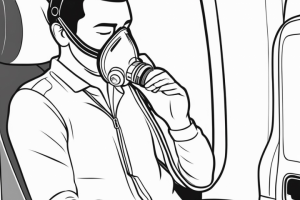 Кислородная маска в самолете на мужчине в Outline стиле.