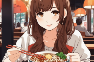 Арт аниме девушки кушающей рамен в Токийском кафе.