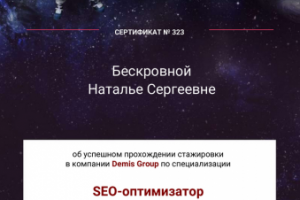 Сертификат о прохождении стажировки в Топовой SEO компании