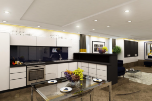 совмещенная кухня-гостиная на цокольном этаже