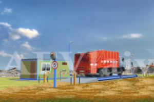 Изображение автомобильных весов с грузовиком на фоне свалки