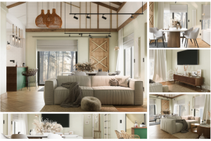 3d-визуализация интерьера загородного дома в фахверк стиле