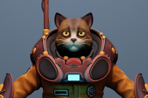 3D персонаж для игры - кот в космическом костюме с ранцем.