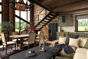 Кухня-гостиная в срубовом доме