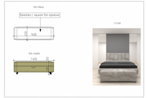 Визуализация и чертежи банкетки с ящиком для хранением