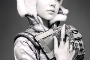 чёрно-белая иллюстрация. Персонаж  девушки в стиле милитари