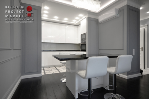 П-образная кухня-гостиная с островом в «Белом» глянцевом лаке