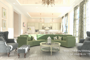 Дизайн и визуализация кухни-гостиной 54м2 в загородном доме