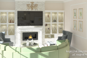 Дизайн и визуализация зоны гостиной с камином в загородном доме