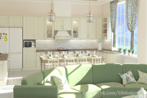 Дизайн и визуализация кухни-гостиной 54м2 в загородном доме