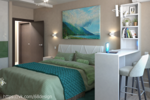 Дизайн спальни с камином в зеленых оттенках