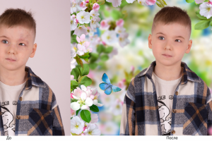 Сложная ретушь кожи лица, обтравка, вставка в шаблон