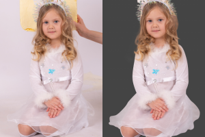 Обтравка сложного украшения на голове, фигуры ребенка