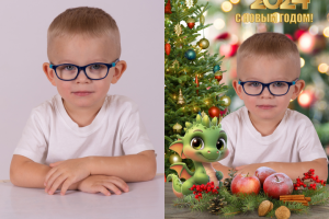 Убрала тени/блики в очках, обтравка, вставка в шаблон