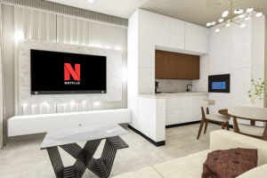 3D визуализация дизайн-интерьера кухни-гостиной