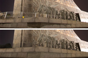 Убрать забор, который закрывает барельеф и надпись.