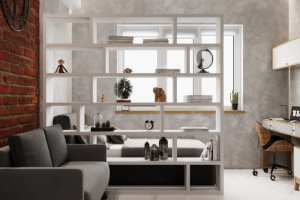 Общий план на комнату с акцентом на стеллаж