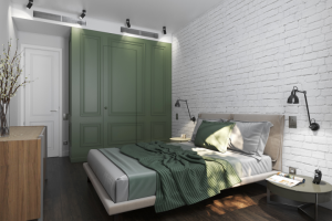 Визуализация спальни с гардеробной комнатой