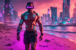 3D анимация гуляющего мужчины в стиле киберпанк