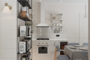 Металлический стеллаж для хранения книг в зоне гостиной