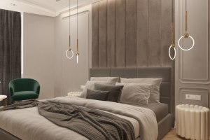 Стильное решение с тумбами - пуфами и кольцевыми светильниками