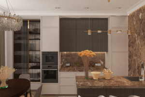 Кухня с каменным фартуком и трендовыми светильниками