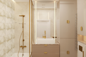 Ванная комната с золотой фурнитурой
