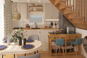 Геометричные акценты в дизайне кухни-гостиной