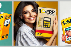 Радостный главный бухгалтер и коробка 1С в фирменных цветах