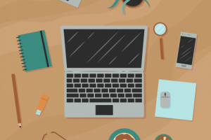 Иллюстрация рабочего места для удаленной работы. Вид сверху