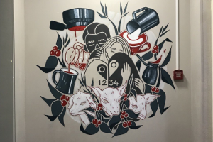 концепт-арт на стене кофейни