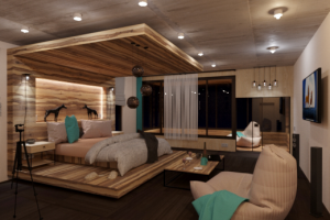 Спальня с лоджией в загородном доме (вид ночью)