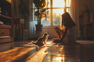 Девушка с кошкой в закатном солнце