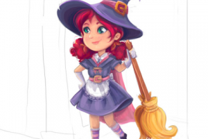Персонаж. Молодая ведьмочка продает супер-метлы.