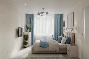 Спальня в теплых бежево-голубых тонах